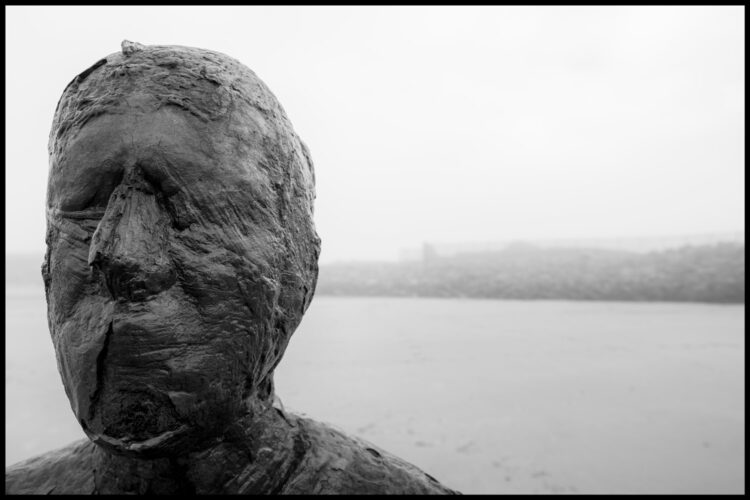 Looking straight on to the face of one of the iron men with the beach in the background