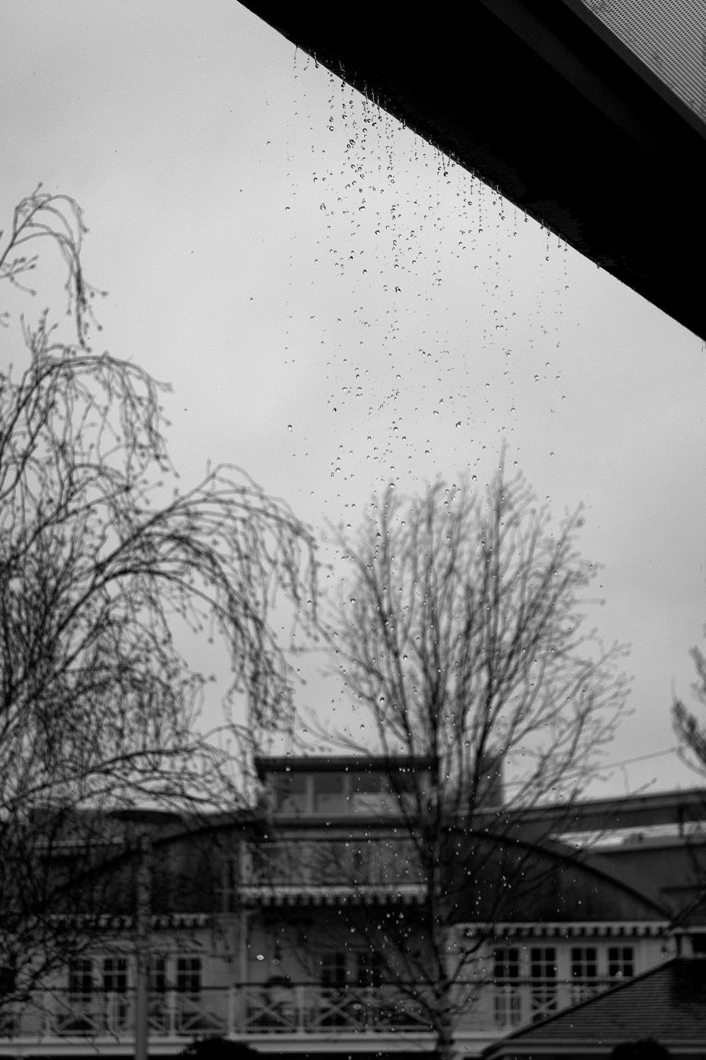 Water droplets falling off the edge of a roof shelter with another building and some trees in the background