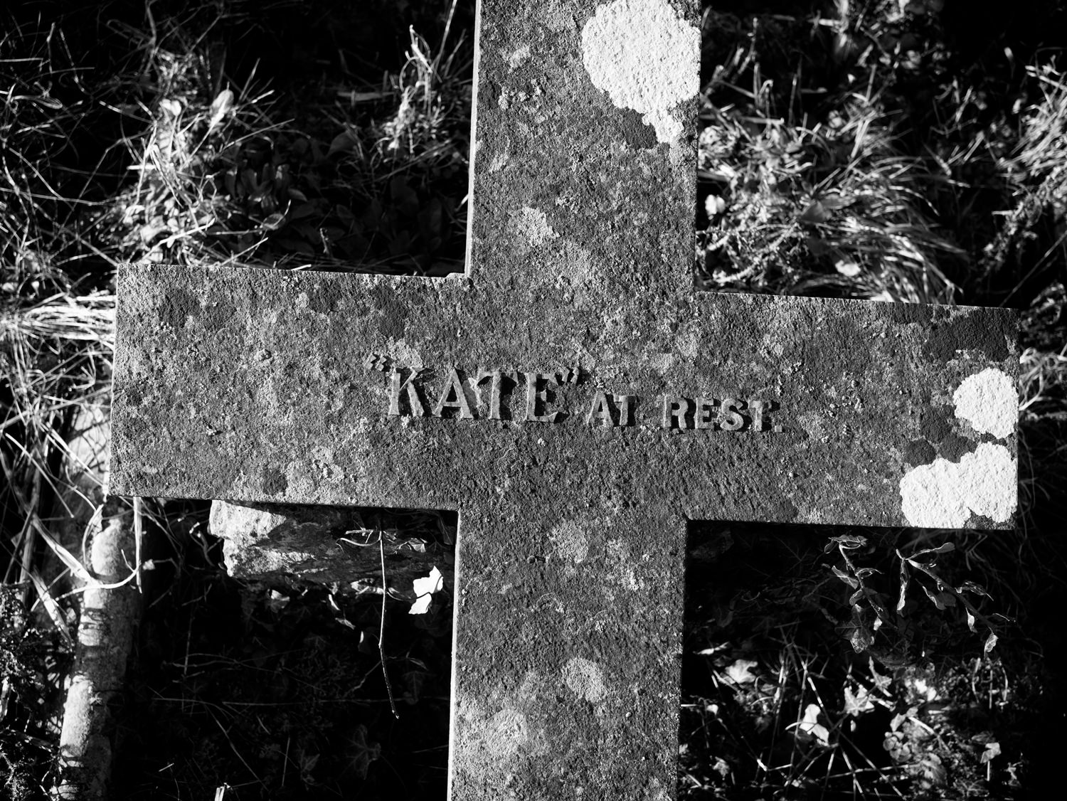 Part of a cross from a grave lying flat on the grass. It's plain, with just the words '"Kate" at rest' across the middle.