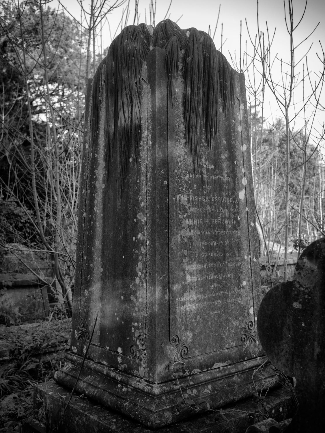 A tall, cuboid gravestone. On the top are carvings which look like they're supposed to be something like weeping willow leaves