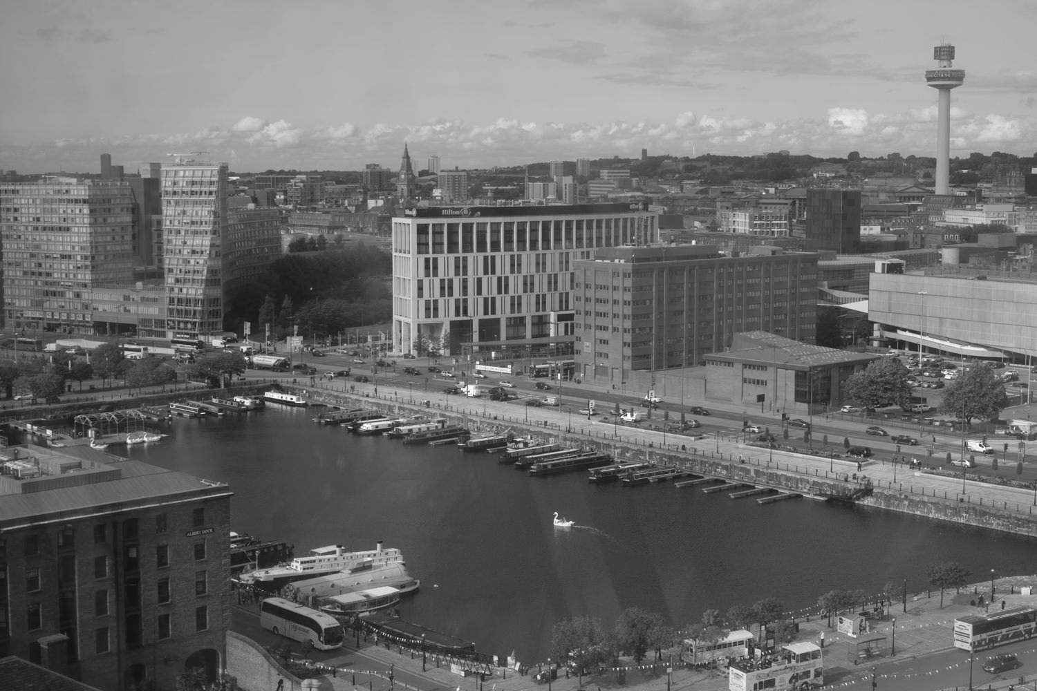 Looking across buildings from high up in the air. In the foreground is a rectangular piece of water - part of the Albert Docks - with boats moored around the edges and a swan-shaped pedalo in the centre.