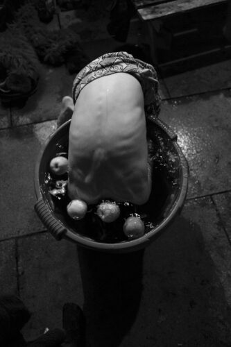 a boy with his head in a bucket, bobbing for apples