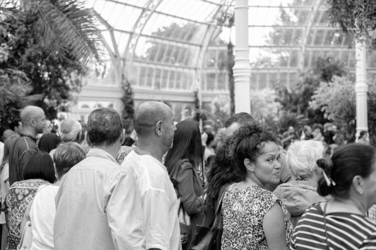 a group of people watching a performance at the sefton palm house